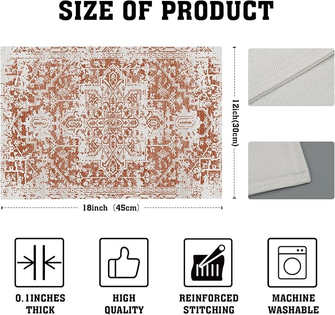 Gray Burnt Orange Boho Placemats Set of 4 Ethnic Bohemian Carpet Place Mats Washable Kitchen Dining Vintage Grey Geography Floral Linen Table Mats Stain Heat-Resistant for Home Party Indoor 12x18 in