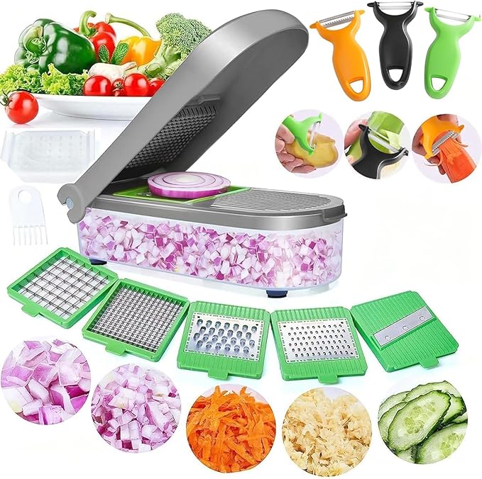 LHS Vegetable Chopper, Pro Onion Chopper Slicer Dicer Cutter Shredded- Cheese & Veggie Plus Peeler and Julienne - Food Dicer with 8 Blades (Grey)