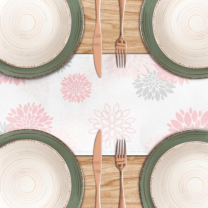 Dahlia Flower Table Runner 13x71 Inch Farmhouse Pink Gray Runners Modern Table Decorations Rustic Geometric Coffee Table Runner for Home Kitchen Dining Room Party (13"x71", Dahlia Floral-Pink)