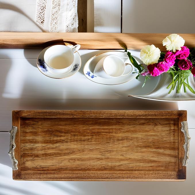 Plain Wooden Serving Tray Perfect for Dining Medium and Large with Rustic Handle, Kitchen & Home Decor Stylish & Durable Food & Drink Platter for Parties (20 x 8)