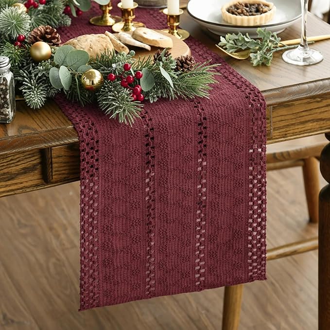 Artoid Mode Red Farmhouse Woven Rustic Hollow Table Runner, Seasonal Holiday Hollow Kitchen Dining Table Decoration for Home Party Decor 12x90 Inch