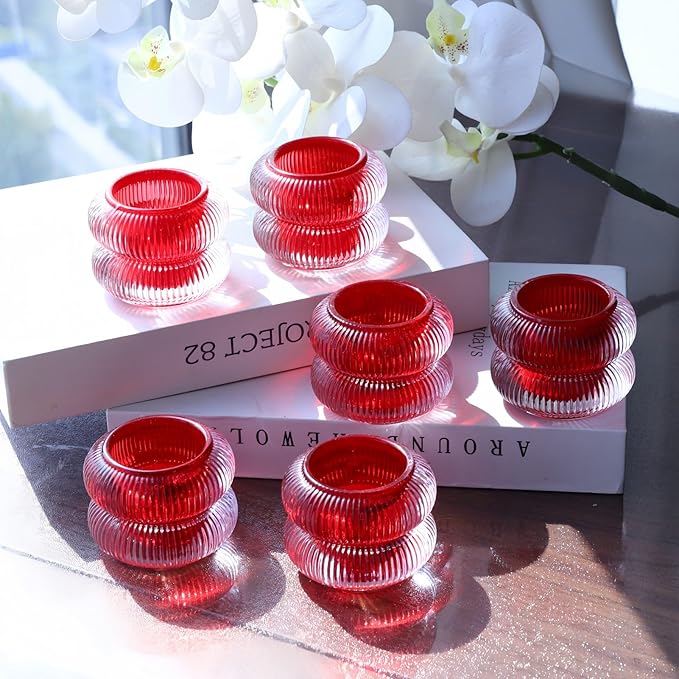 Woho Ribbed Glass Votive Candle Holders Set of 6, Red Tealight Candle Holder for Wedding Table Decor, Vintage Tea Lights Candle Holder for Christmas/Valentines Day Decorations (Red, 2.1" H X 2.75" D)