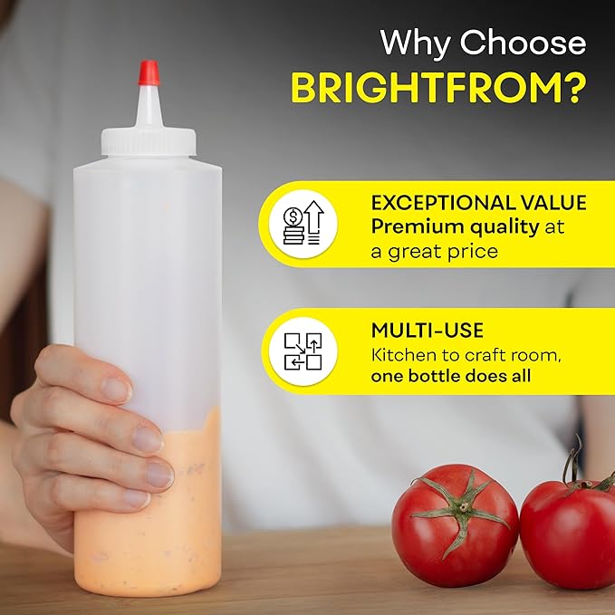 BRIGHTFROM Squeeze Bottles, Leak Proof, Wide Neck, BPA FREE Plastic, 16 OZ 2 PACK, Condiment Empty Squirt Bottle with Red Top Cap - for Ketchup, Mustard, Syrup, Sauces, Dressing, Oil, Arts & Crafts