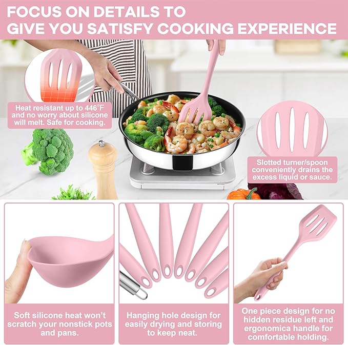 TeamFar 8 PCS Silicone Cooking Utensils - 446°F Heat Resistant Kitchen Silicon Utensils Set, Turner, Spatula, Spoon, Whisk, Kitchen Cooking Gadgets Tools for Nonstick Cookware, Dishwasher Safe-Pink