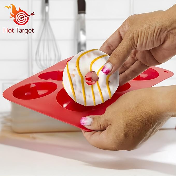 HOTPOP Silicone Donut Molds for Baking – Set of 2 Nonstick Pans (Red, Blue), Makes 12 Donuts – Flexible, Reusable, Dishwasher Safe Molds for Oven – Perfect Donut Mold for Baking Sheets