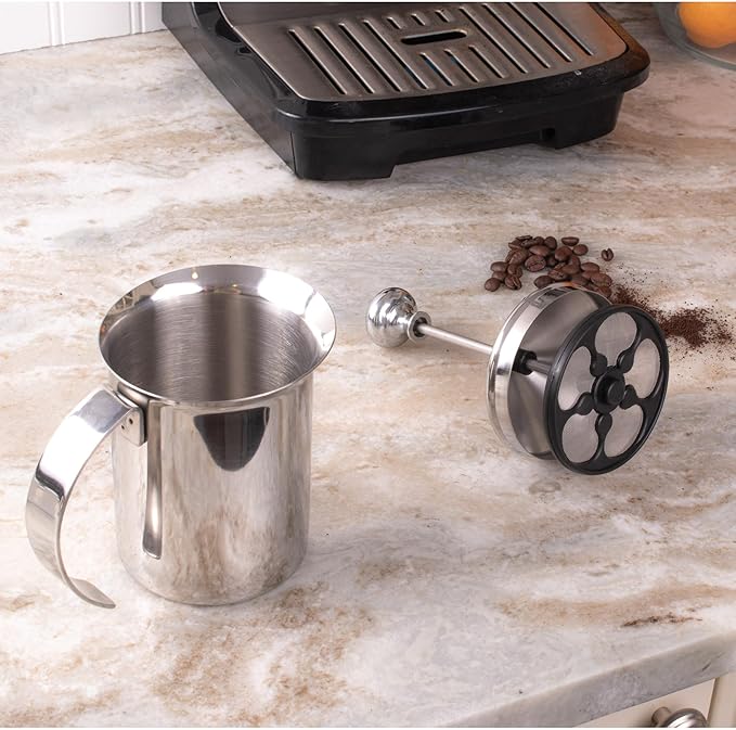 Fino Milk Creamer Frother Cappuccino Foam Pitcher with Handle and Lid, 18/8 Stainless Steel, 14-Ounce Capacity