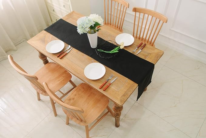 2 Piece Fabric in 1 Dinning Table Runner 12 x 72 Inches Farmhouse Kitchen Coffee Burlap Table Runner for Holiday Party, Black