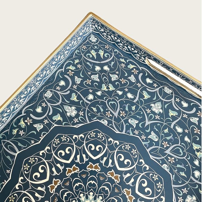 Decorative Tray, Blue Serving Tray with Handles, Ottoman Trays, Plastic Coffee Table Tray for Living Room, Bathroom, Kitchen, Decor, 15.7”*11.8”