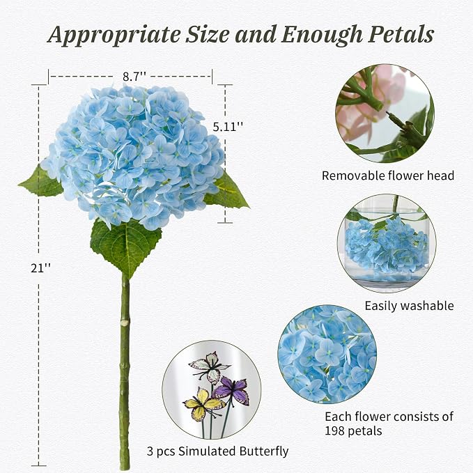 Leftover 21" Blue Hydrangea Artificial Flowers,3 Pcs Real Touch Hydrangea Flowers with 3 PCS Butterflies for Centerpiece Table Decorations,Floral Arrangements for Coffee Table Decor,Living Room Decor