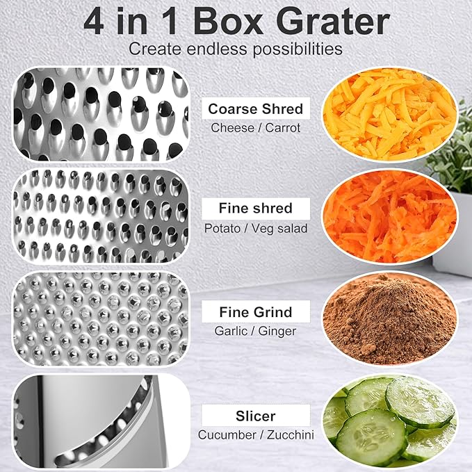 Ourokhome Cheese Grater with Handle, Stainless Steel Box Grater, 4 Side Kitchen Vegetable Shredder Slicer Zester with Container for Parmesan, Cabbage, Ginger, Lemon, Chocolate, Coconut (Red and Black)