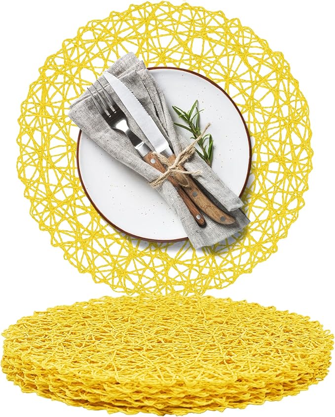 AHHFSMEI Paper Braided Round Placemats Set of 6 Natural Non-Slip Heat Resistant Table Mats for Dining Tables Woven Indoor Outdoor Place mats(Yellow)