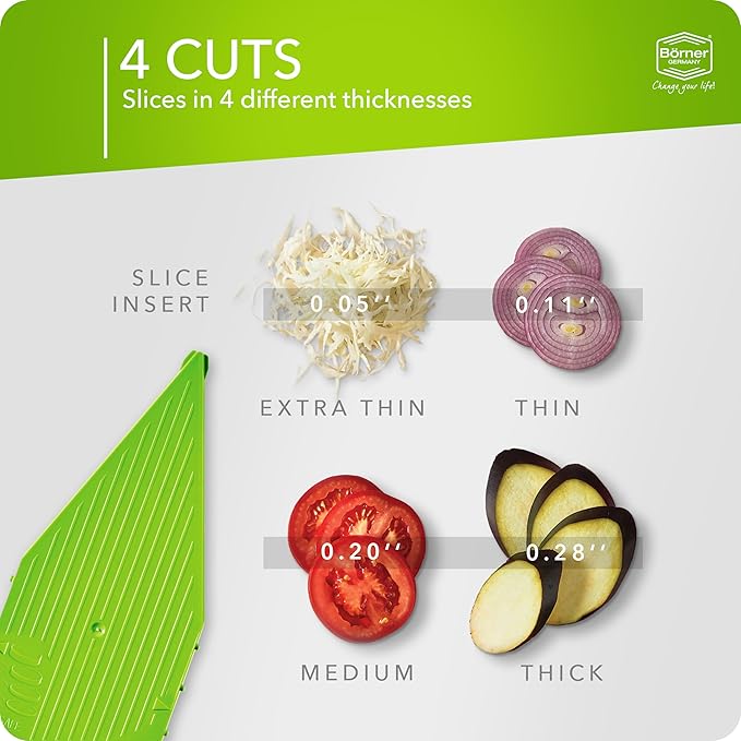 Börner Mandoline Slicer V5 (Basic Set) • Vegetable V-Slicer for Slices in 4 Thickness Settings • Stainless Steel V-Blade • Adjustable Kitchen Slicer for Vegetables & Fruits • Color: Green