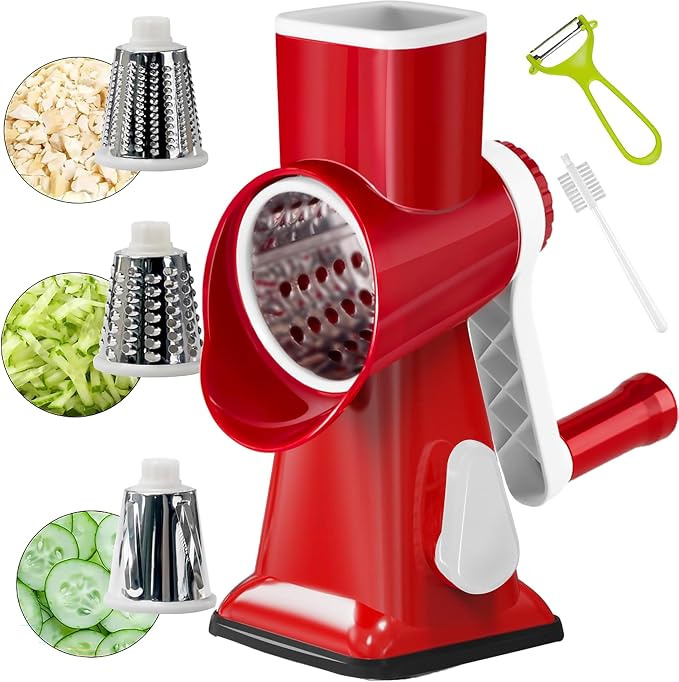 YOUCZON Rotary Cheese Grater Multi-Purpose Stainless Steel Cheese Shredder - Cheese Grater With Handle Effortless Grating of Carrots, Potatoes, Vegetables, and Fruits (Red)