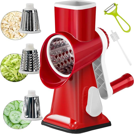 YOUCZON Rotary Cheese Grater Multi-Purpose Stainless Steel Cheese Shredder - Cheese Grater With Handle Effortless Grating of Carrots, Potatoes, Vegetables, and Fruits (Red)