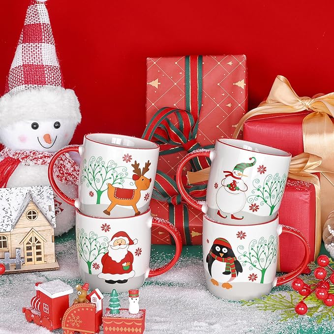 YHRJWN Christmas Mugs Set of 4, Merry Christmas Coffee Mugs with Reindeer, Santa, Snowman, Penguin Designs, Holiday Gifts for Family & Friends, 11 Oz
