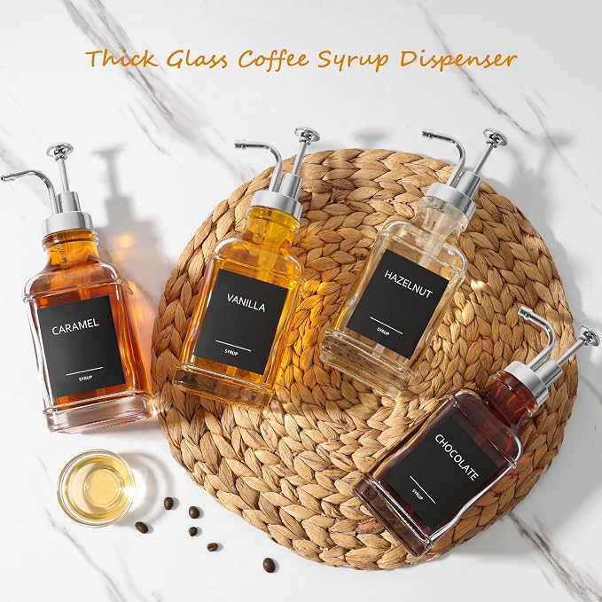 16.9 fl oz/500ml Coffee Syrup Dispenser Set, Coffee Bar Accessories, 4 Glass Bottles with Silver Pumper and Syrup Labels,Syrup Dispenser for Coffee Bar with Spoons,4 Pack