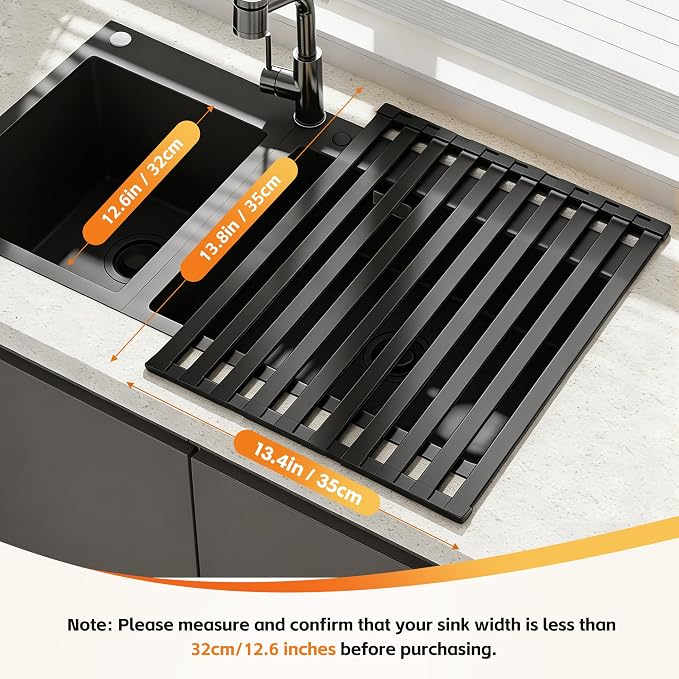 Foldable Over Sink Dish Drying Rack, Extra Wide & Thick Rust-Proof Aluminum Sink Cover for Counter Space, Collapsible Dish Drying Rack Fits Most Kitchen Sinks (Black, 13.8“x13.6)