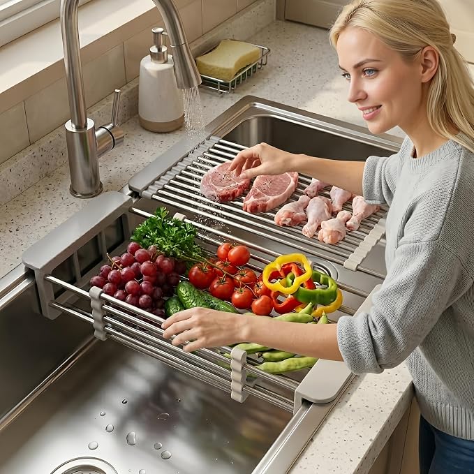 Adjustable Countertop Over Sink Dish Drying Rack, Gray, Small | Stainless Steel, Adjustable Countertop Drainer, For Plates, Bowls, Utensils, Kitchen Organizer