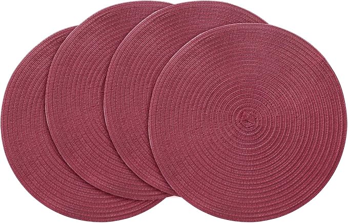 Floroom 15 Inch Round Braided Placemats Set of 4, Washable Heat Resistant Cotton Polyester Circle Place Mats for Kitchen Dining Table - Burgundy