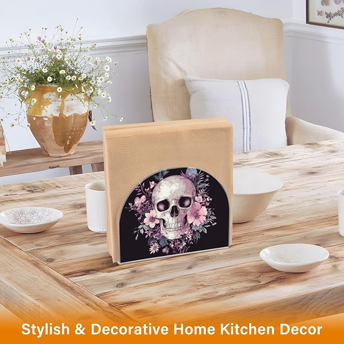 Fustylead Skull and Floral Gothic Black and Purple Napkin Holder for Table Acrylic Vertical Napkin Holders for Paper Napkins Decor Napkin Dispenser for Home Party Dining Cocktail Kitchen, 2 Pack