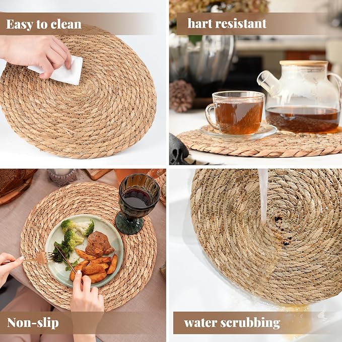 Round Woven Placemats Set of 6 | Handmade Natural Wicker Placemats for Holiday Wedding Home - Slip Heat Resistant Rattan Chargers for Dinner Plates (13 Inch)