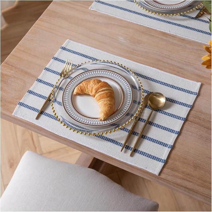 Caflife Boho Farmhouse Placemats Set of 4, Blue Stripes Cotton Linen Woven Table Mats for Modern Dining Table, 13x19 Inch Rustic Kitchen Decor Place Mats