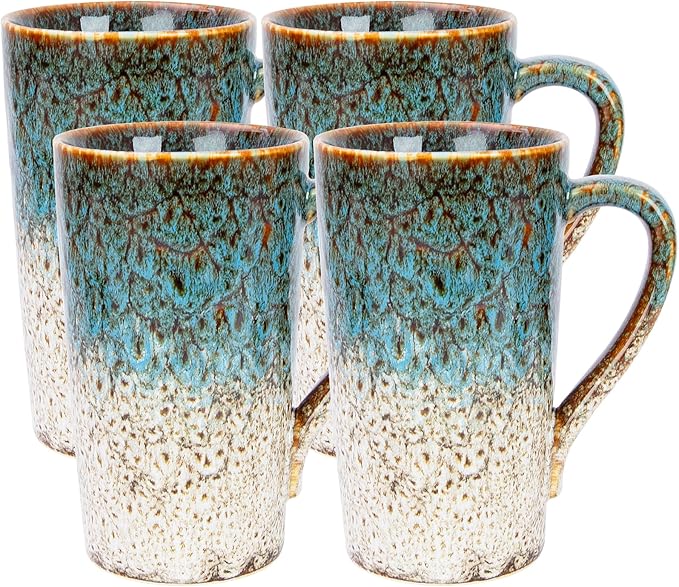 20oz Porcelain Coffee Mugs Set of 4, Large Tall Coffee Mugs with Handles, Modern Ceramic Coffee Cups for Tea, Cocoa, Milk, Gifts for Women Men - White & Blue