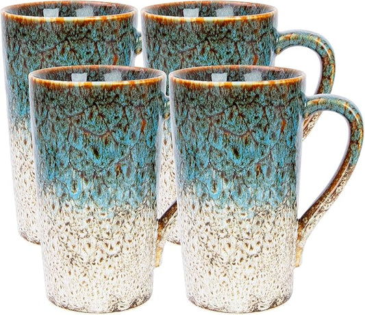 20oz Porcelain Coffee Mugs Set of 4, Large Tall Coffee Mugs with Handles, Modern Ceramic Coffee Cups for Tea, Cocoa, Milk, Gifts for Women Men - White & Blue