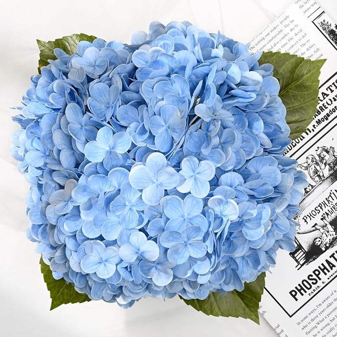 BLEUM CADE Luxury PU Fake Flowers in Vase with Faux Water, Blue Real Touch Hydrangea Artificial Flowers with Glass Vase for Office Home Dining Room Centerpiece Table Decorations