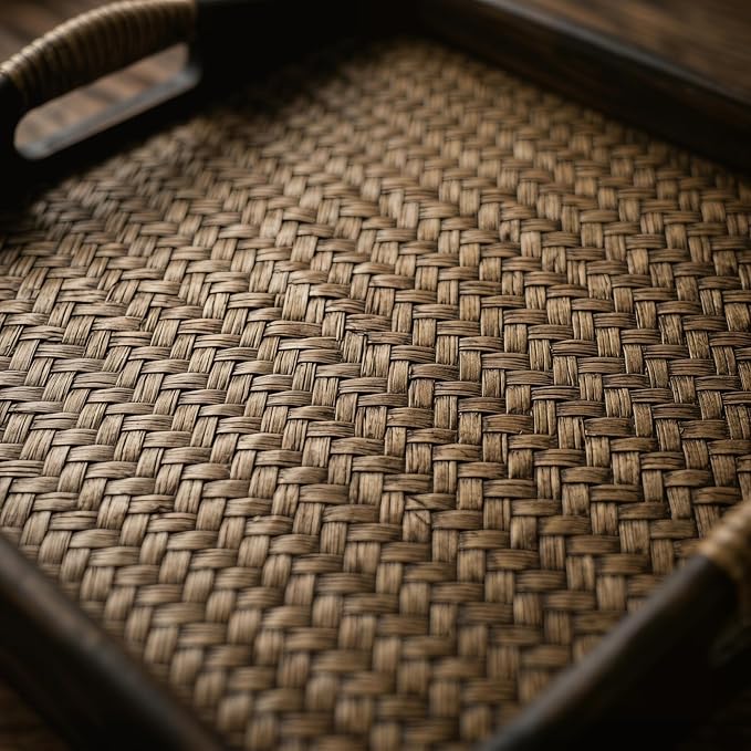 PartyKindom Handmade Wood and Rattan Serving Tray with Elevated Handles, Large Rectangular Decorative Tray for Ottoman, Coffee Table, Spa Salon and Hotel Room