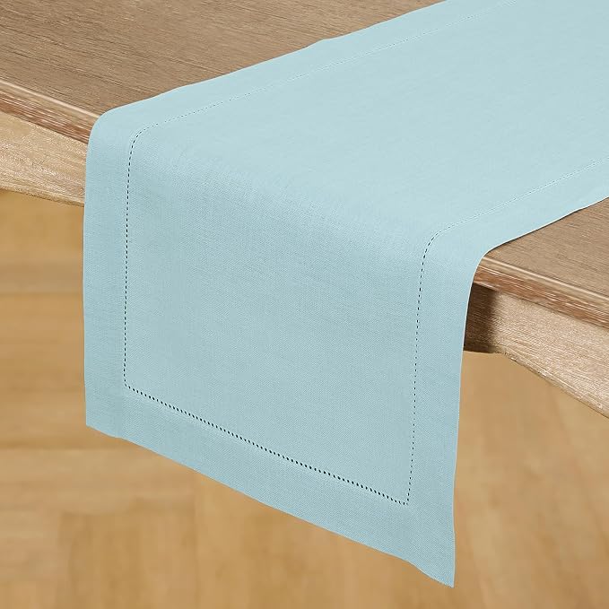 Solino Home Linen Aqua Blue Table Runner 120 Inches Long - 100% Pure Linen Hemstitch 14 x 120 Inch Table Runner for Dining, Summer - Classic Hemstitch