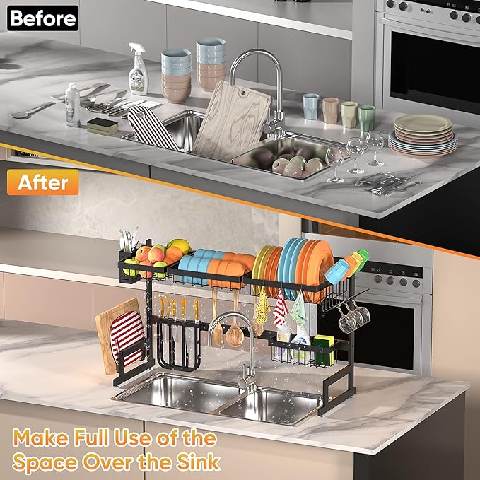 PUSDON Over the Sink Dish Drying Rack, 2 Tier Adjustable Large Capacity Stainless Steel Dish Rack for Kitchen Counter, Heavy Duty Space Saver Organizer with Utensil Holder, Black