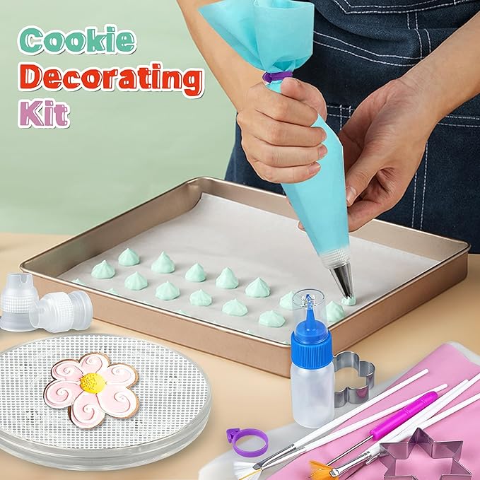 112 PCS Cookie Decorating Kit Supplies Including Acrylic Turntable Brushes Scribe Needle Bags Icing Bottle for Cookie Cupcake Cake Decoration