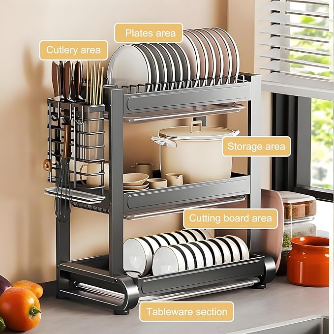 JHDXL Over Sink Dish Drying Rack, 2/3-Tier Stainless Steel Dish Rack, Multifunctional Metal Counter Shelf, Stable Load-Bearing, for Plates, Bowls, and Pots(Black 1,55.5cm/21.9in)