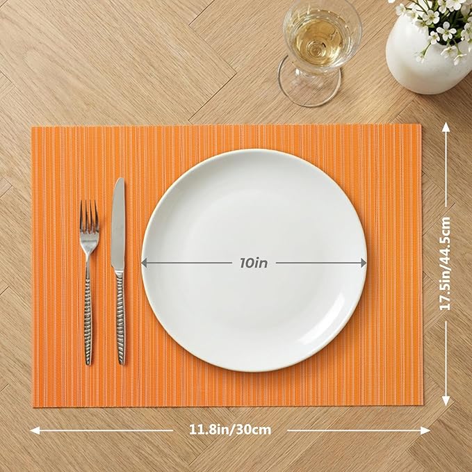 AHHFSMEI Placemats Set of 6 Woven Vinyl Non-Slip Heat Resistant Stain Resistant Easy Clean Place mats for Dining Table(Orange)