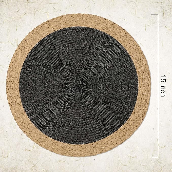 Noctiflorous Braided Round Placemats Set of 6, 15 Inch Woven Table Mats, Non-Slip Washable Wide Edge Place Mats for Kitchen Dining Table Decor (Black, 6)