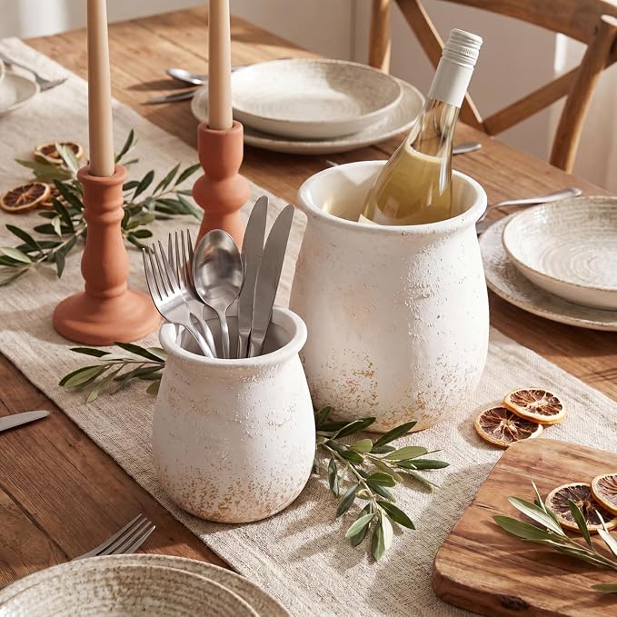Qinyoung Set of 2 Rustic Kitchen Utensil Holder for Countertop, 6.5"+4.9" Ceramic Farmhouse Cooking Utensil Crock, Boho Decorative Jar for Kitchen Decor, Vintage Tool Organizer for Spoons, Spatulas