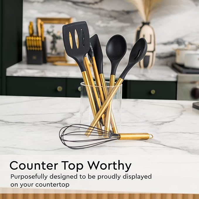 Black and Gold Kitchen Utensils Set - 6-PC Silicone Utensils Set Include Tongs, Whisk, Serving Spoon, Spatula, and Turner for Stylish Cooking and Baking - Black and Gold Kitchen Accessories and Decor