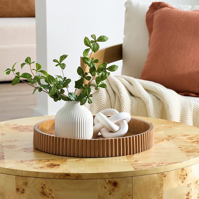 Ribbed Wood Decorative Tray, 16.5-Inch Round with Light Honey Finish for Table Centerpieces