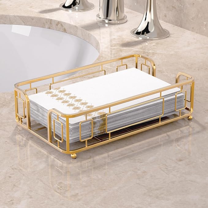 Guest Hand Towel Holder Tray for Bathroom Countertop, Gold Metal | Guest Bathroom, Powder Room & Vanity Use