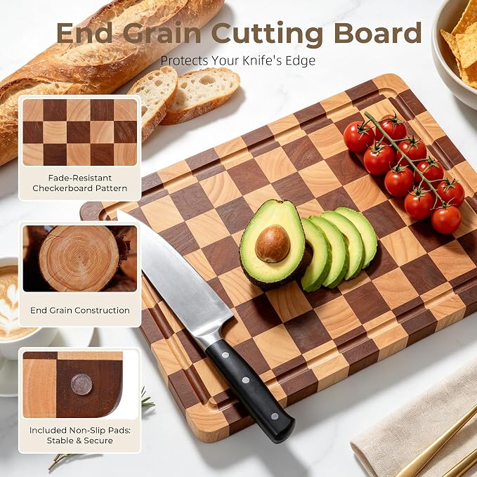 Checkered Cutting Board for Kitchen - Checkerboard Wood Chopping Board with Juice Groove & Handle, End Grain Wooden Checker Kitchen Board for Cooking, Serving and Decor