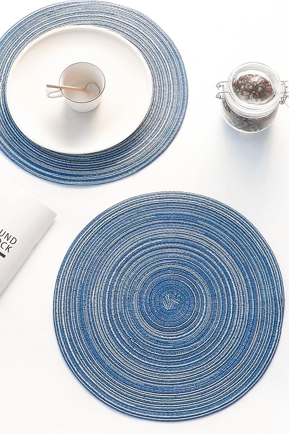 Floroom 15 Inch Round Braided Placemats Set of 4, Washable Heat Resistant Cotton Polyester Circle Place Mats for Kitchen Dining Table - Seascape Blue