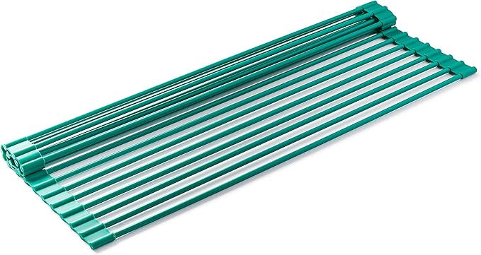 Bellemain Dish Rack Over Sink, Roll Up Dish Drying Rack | Silicone & Stainless Steel Dish Drainer, Dish Drying Mat, Space Saving Drying Rack (Green, Medium)