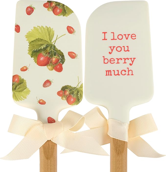 Primitives by Kathy double-sided silicone novelty cooking spatula, Berry Much/Garden Collection/vintage art of wild strawberries on front/punny sentiment on back "I Love You Berry Much."