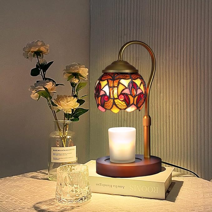 Baroque Tiffany Candle Warmer Lamp with Wood Base - Height Adjustable, 2/4/8H Timer, 4-Level Dimmer - Includes 2 GU10 Bulbs - Vintage Aesthetic Room Decor & Gifts for Women, Fits Candles up to 5"