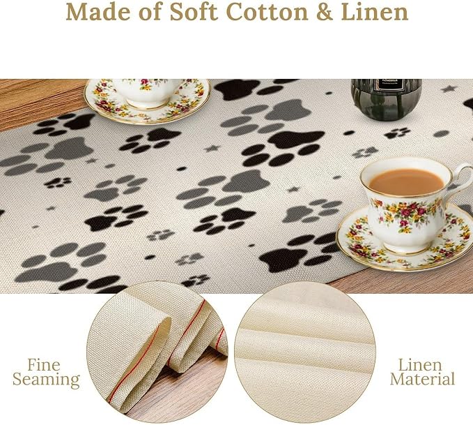 Dog Paw Print Table Runner, Cartoon Grey Simple Cute Cat Dog Animal Paw Print Table Decor Table Top Dining Kitchen Wedding Party 13x36 in