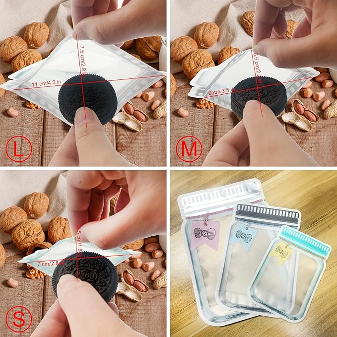 30Pcs Mason Jar Zipper Bags Reusable Food Storage Bags for Snack Nuts Cookies Portable Leakproof Food Saver Bag for Kitchen Travel Camping Picnic Organizer (10S 10M 10L)