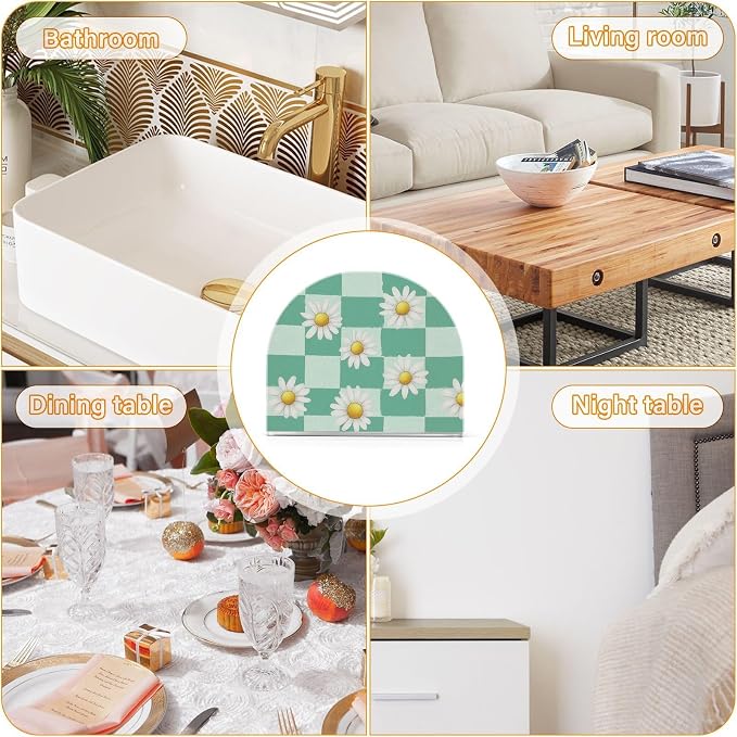 Fustylead Mint Green Checkered Daisy Flower Napkin Holder for Table Acrylic Vertical Napkin Holders for Paper Napkins Decor Napkin Dispenser for Home Party Dining Cocktail Kitchen Accessories