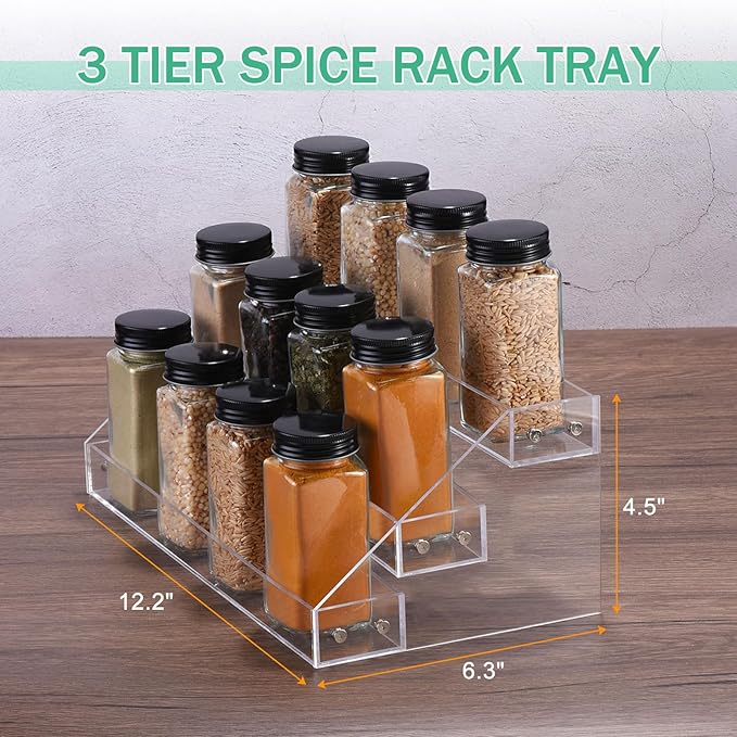 uxcell Acrylic Spice Rack Organizer for Cabinet, 3 Tier Clear Spice Rack Shelf Seasoning Can Organizer Spice Drawer Organizer for Countertop Cabinet Storage Pantry Kitchen Organization