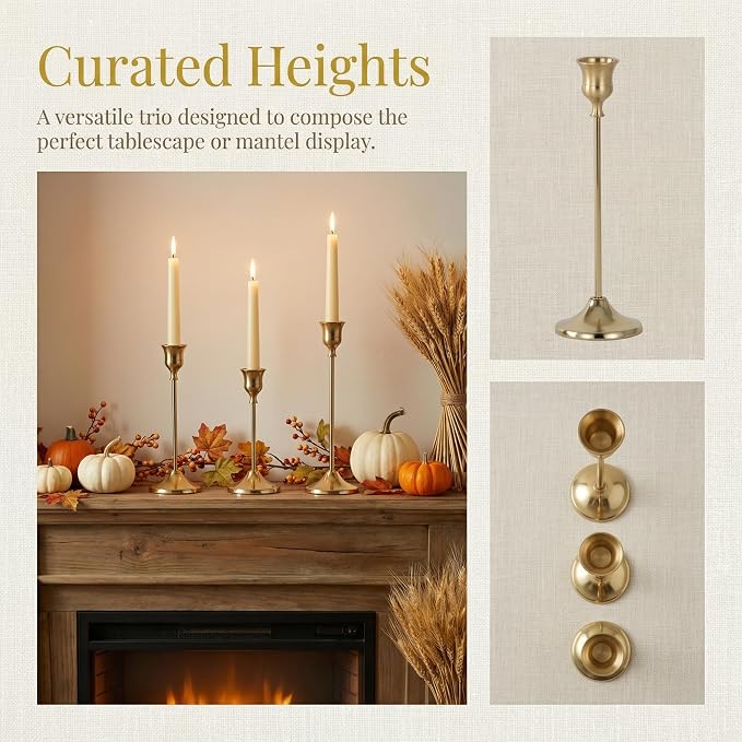 4 Sets(12 Pcs) Brass Tapered Candle Holder,Candlestick Tall Metal Candlestick Holders for Table Centerpiece Home Decor for Wedding Fireplace Mantel Housewarming Gift Fits 3/4 Inch Thick Candles